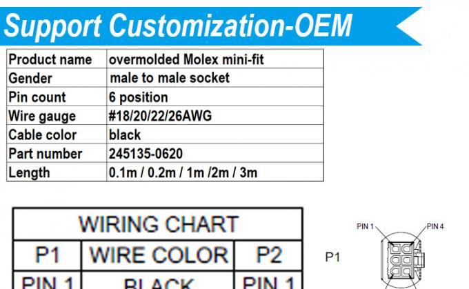 Customization Overmolded Male to Male Female 6 Pin 2451350620 Molex Mini-Fit 4.2mm Pitch Connector Assembly Cable 0