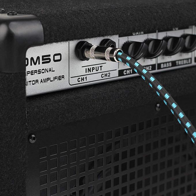 10FT Durable Blue Braided 90 Degree Angled to Straight 1/4 TS Jack Electric Instrument Guitar Patch Cable 6