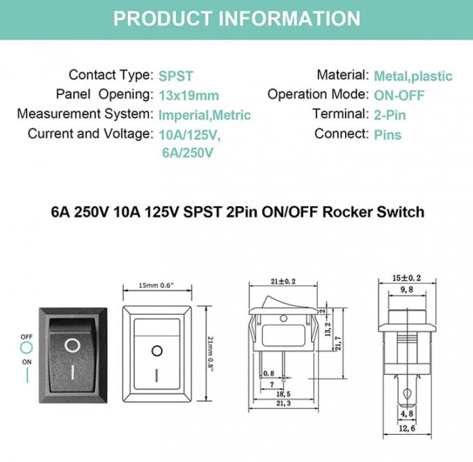 AC 6A/250V 10A/125V Black 2 Pin Position Snap in ON OFF Electrical Boat Rocker Switch 0
