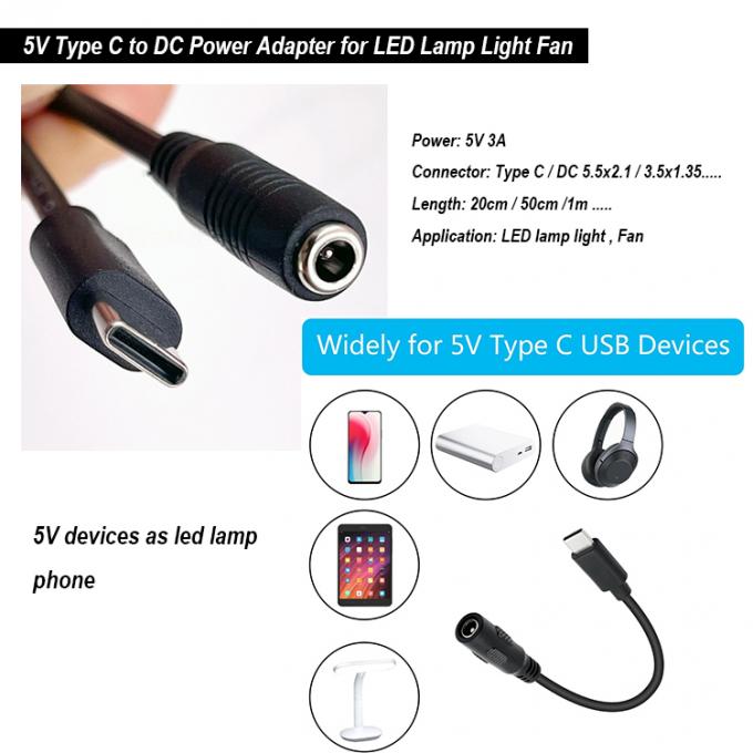 5V Type C to DC 3.5x1.35mm 5.5x2.1mm Power Charging Extension Cable for LED Desk Lamp Fan 0