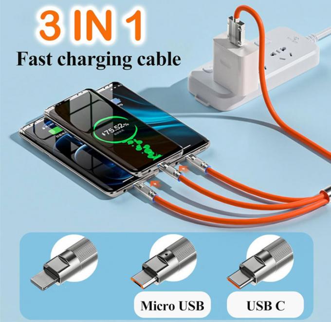 Super Fast Charging 120w 6A Liquid Silicone 3 in 1 Multi Connectors Micro Type C USB Data Charger Cable for Mobile Phone 1