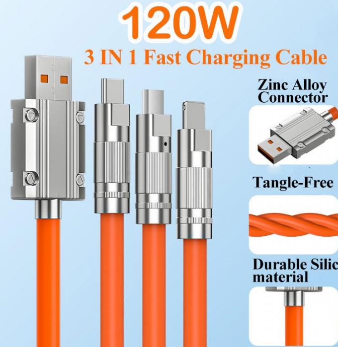 Super Fast Charging 120w 6A Liquid Silicone 3 in 1 Multi Connectors Micro Type C USB Data Charger Cable for Mobile Phone 3