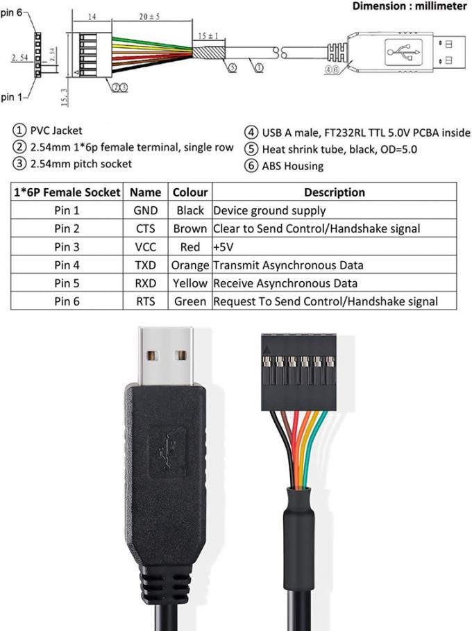 FTDI Chip FT232 USB to TTL 3.3V 5V Uart RTS CTS TXD RXD Serial Converter Cable for Arduino Raspberry Pi 2