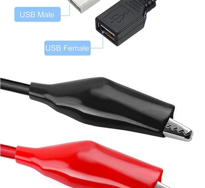 Male Female USB Connector to Dual Copper Crocodile Clamps Alligator Clips Test Leads Wire Adapter Cable for Electrical Circuit 2