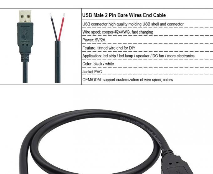 5V USB to Open Stripped Tinned Bare Wires End Pigtail Power Charger Cable for LED Strip Light Lamp 3
