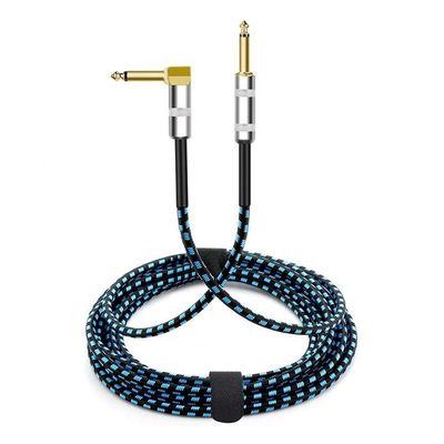 10FT Durable Blue Braided 90 Degree Angled to Straight 1/4 TS Jack Electric Instrument Guitar Patch Cable