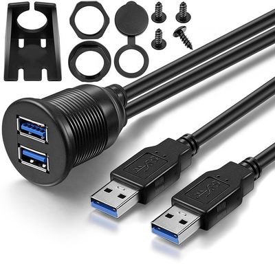 Waterproof Male to Female Aux Car Dashboard Panel Dual USB 3.0 Flush Mount Extension Cable for Motorcycle
